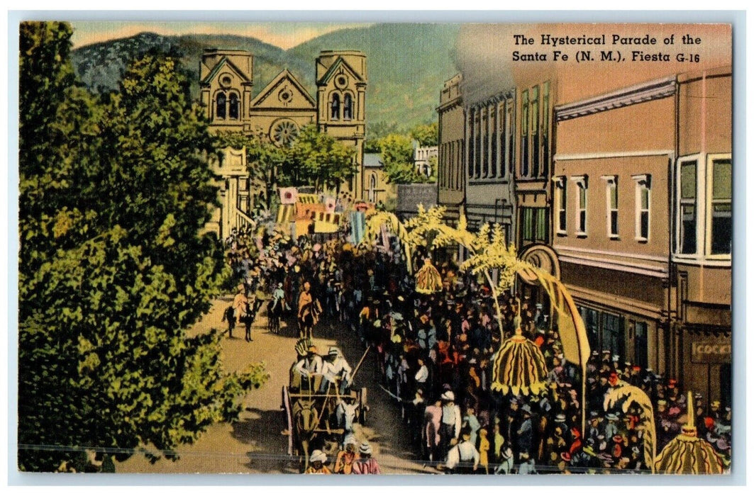 1943 Aerial View Hysterical Parade Crowd Santa Fe New Mexico NM Vintage Postcard