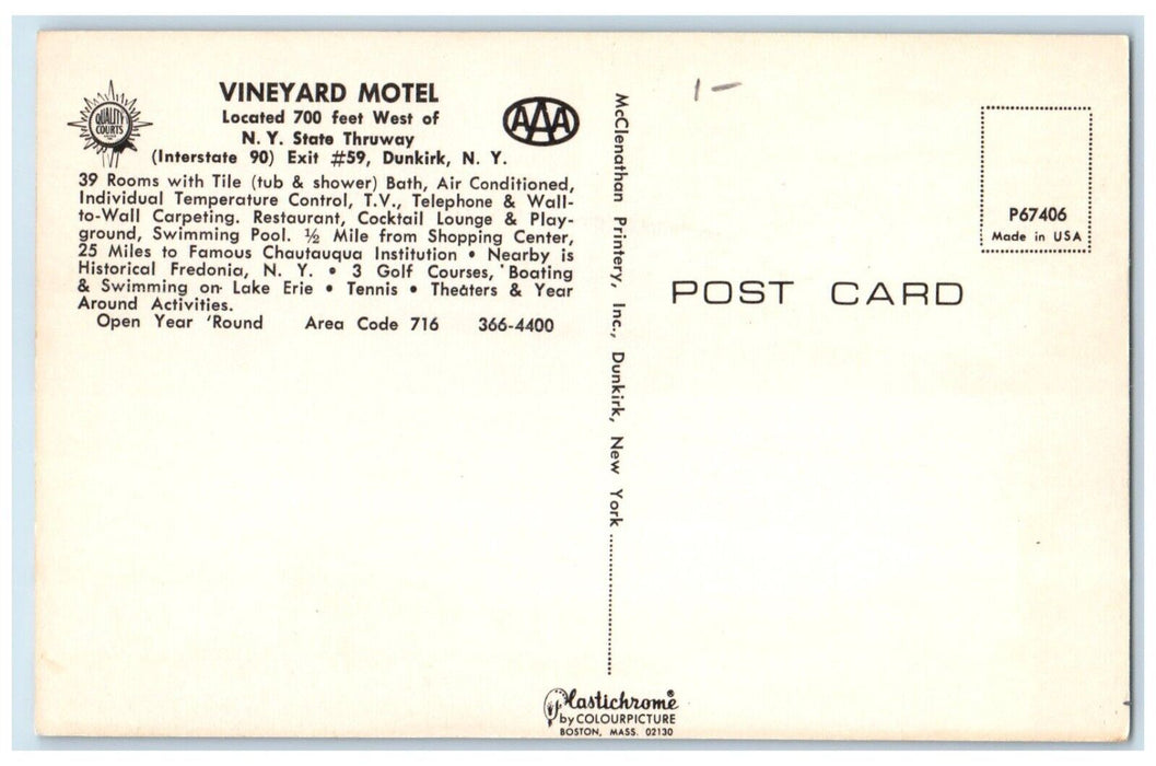 c1960 Vineyard Motel West New York State Thruway Park Dunkirk New York Postcard
