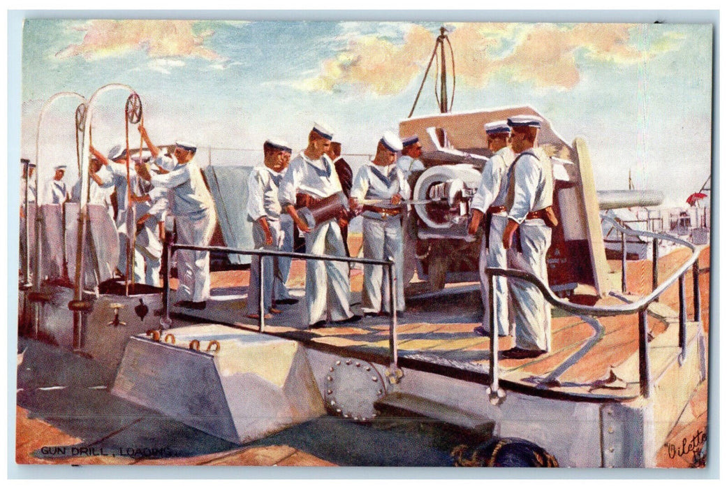 c1910 Navy Sailors Ship Gun Drill Loading Heart of Oak Oilette Tuck Art Postcard
