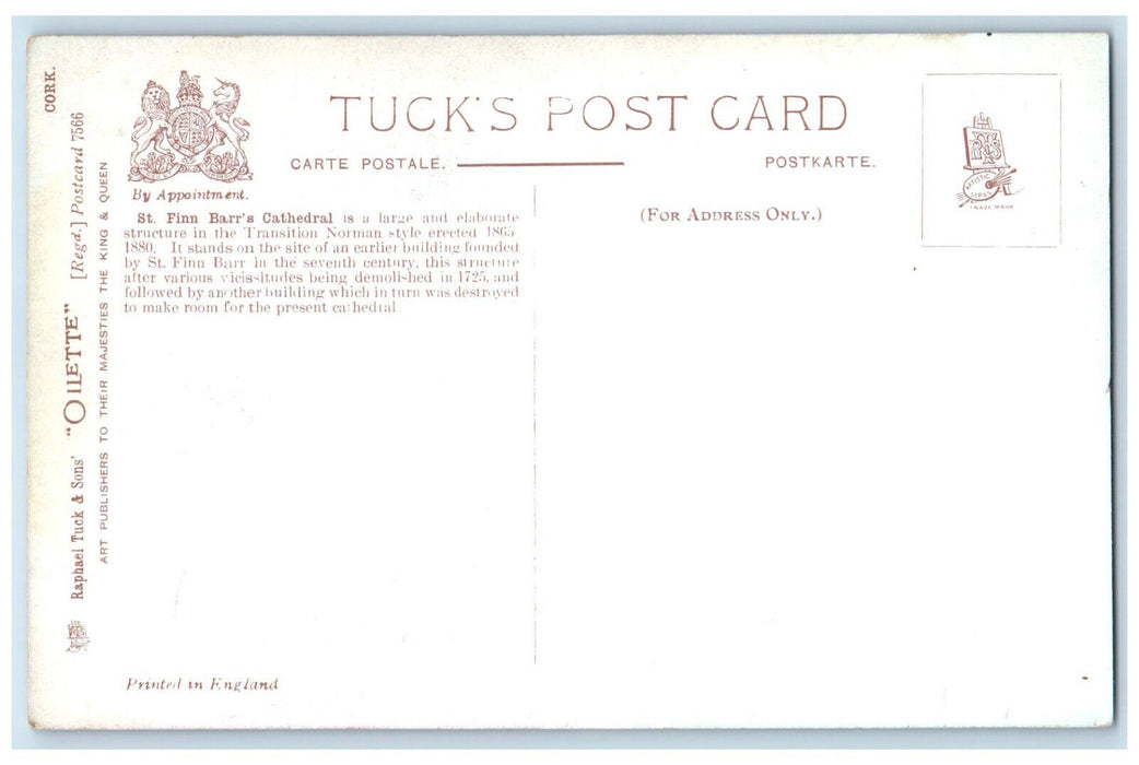 c1910 St. Finn Barr's Cathedral Cork Ireland Oilette Tuck Art Postcard