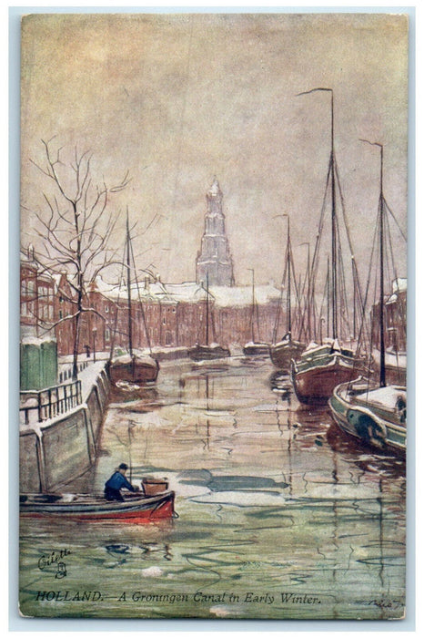 c1910 Groningen Canal in Winter Holland Netherlands Oilette Tuck Art Postcard