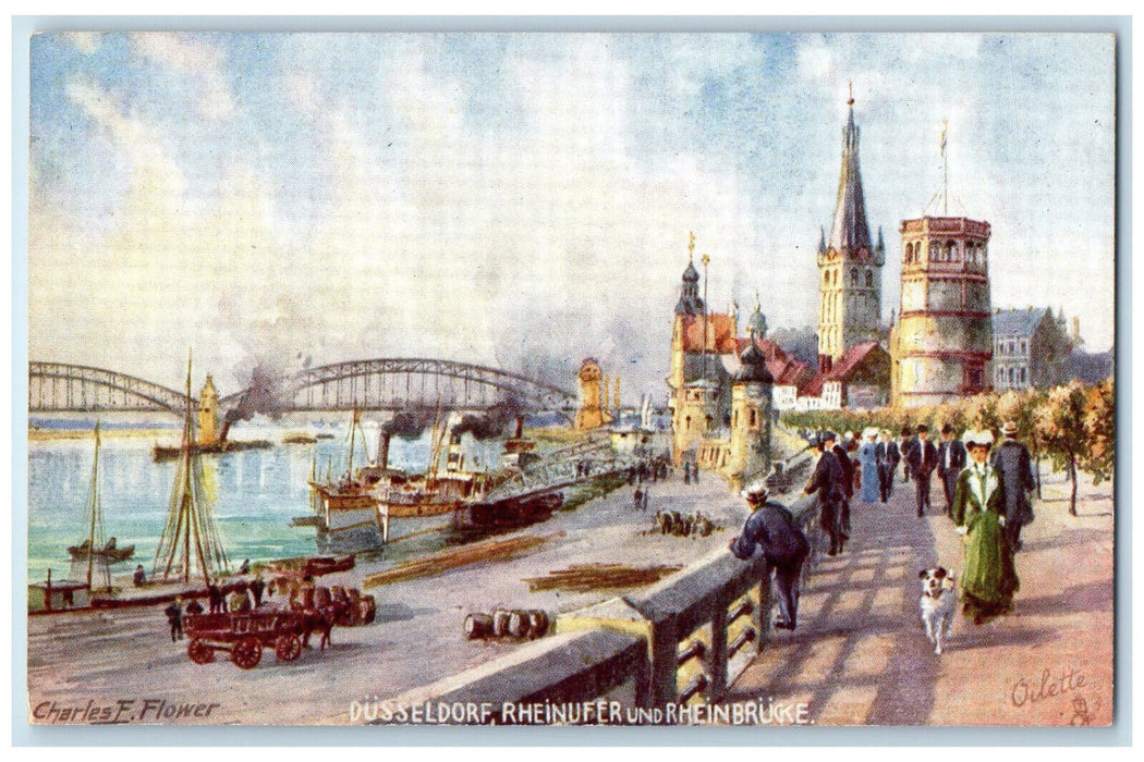 c1910 Dusseldorf Rhine Bank Rhine Bridge Germany Oilette Tuck Art Postcard