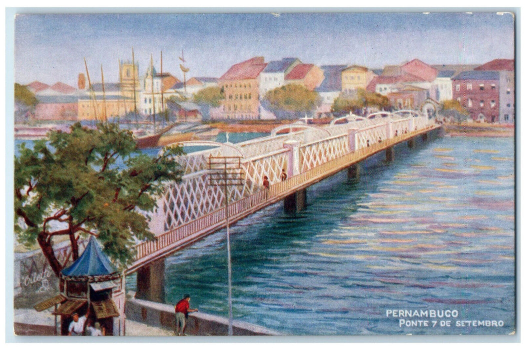 c1910 7th of September Bridge Pernambuco Brazil RMSP Oilette Tuck Art Postcard
