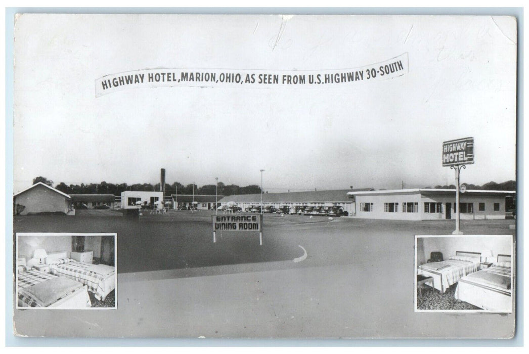 1955 Highway Hotel Marion Ohio Seen From US Highway Cars RPPC Photo Postcard