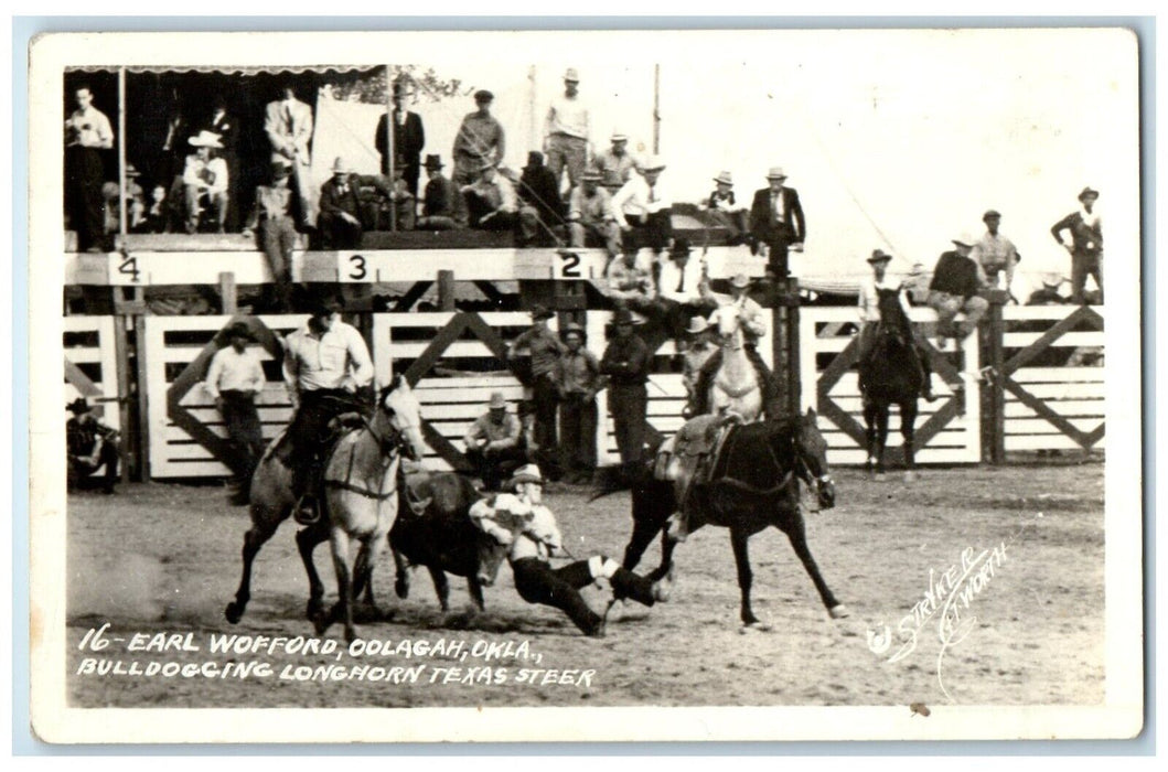 c1940s Earl Wofford Oolagah Oklahoma OK Bulldogging Longhorn RPPC Photo Postcard