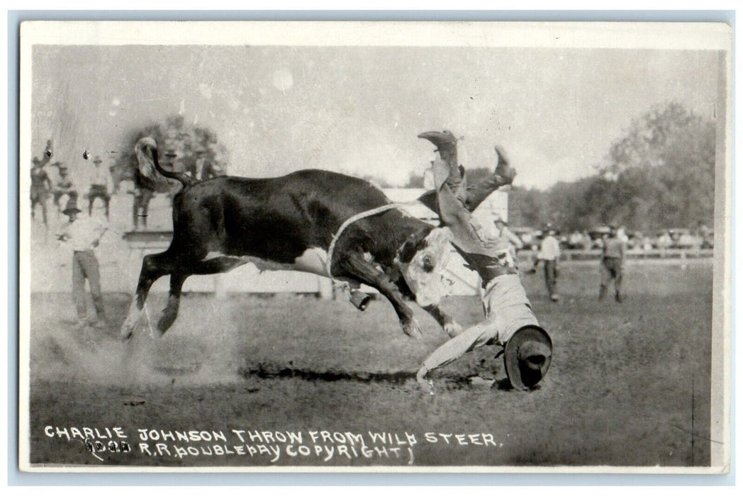 c1940's Charlie Johnson Throw From Wild Steer Rodeo RPPC Photo Vintage Postcard