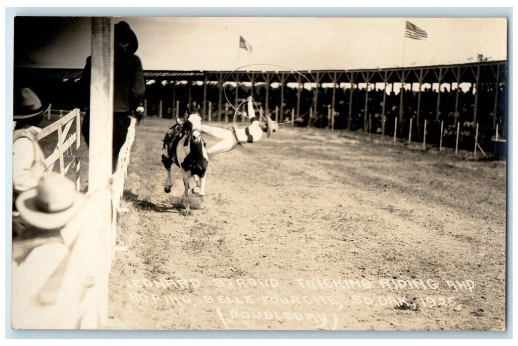 Leonard Stroud Tricking Riding Rodeo Roping Belle Fourche SD RPPC Photo Postcard