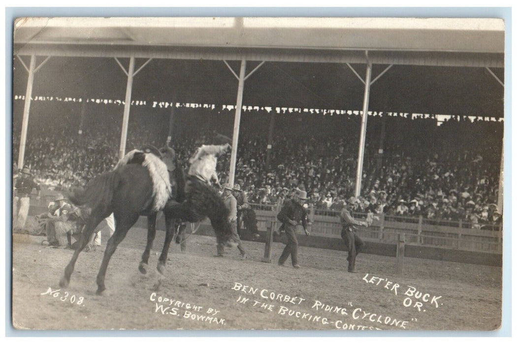 1913 Ben Corbet Riding Cyclone Let'er Buck Oregon OR RPPC Photo Antique Postcard