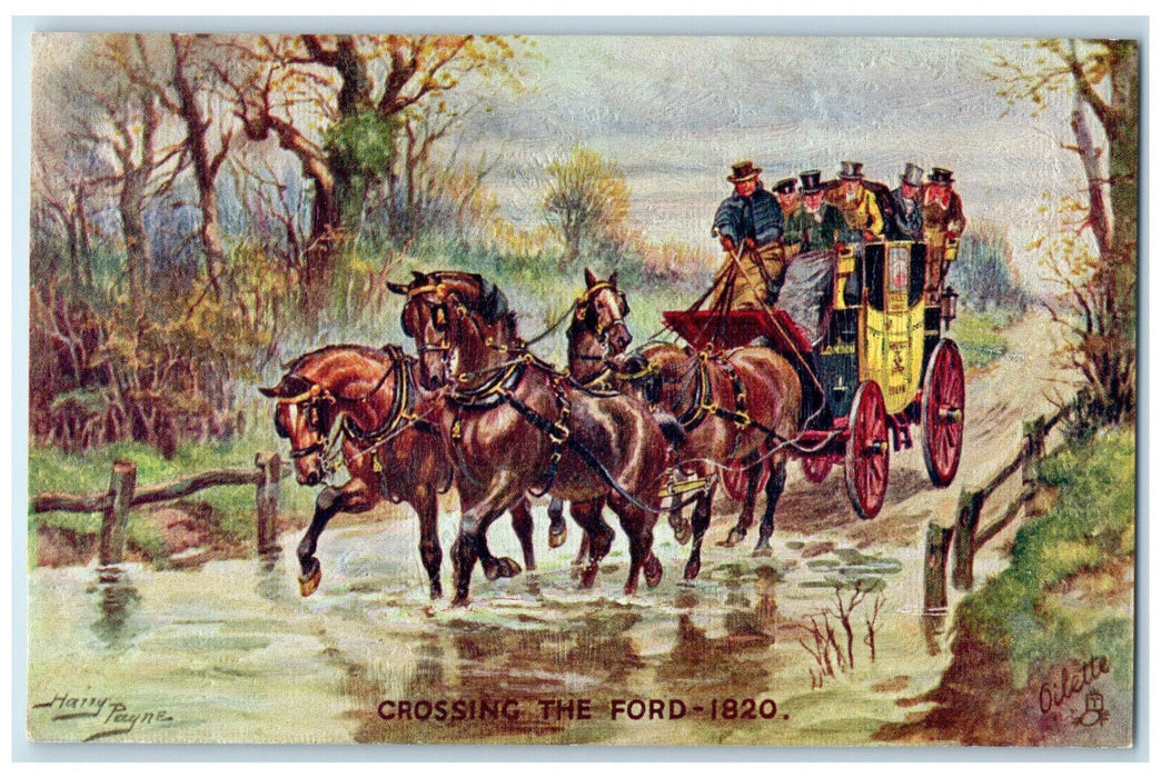 c1910 Crossing The Ford 1820 Coaching Days Horse Ride Oilette Tuck Art Postcard