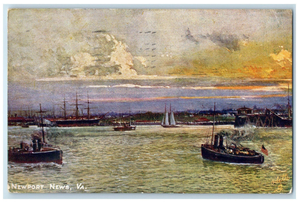 c1910 Newport News VA Jamestown Series Steamboats Oilette Tuck Art Postcard