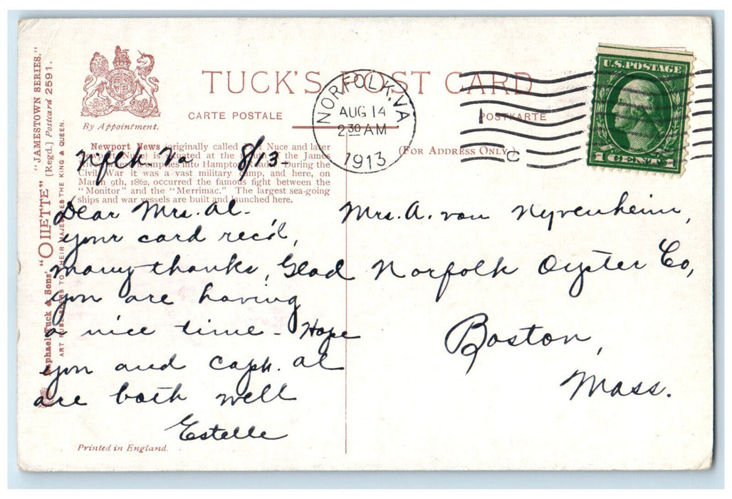 c1910 Newport News VA Jamestown Series Steamboats Oilette Tuck Art Postcard
