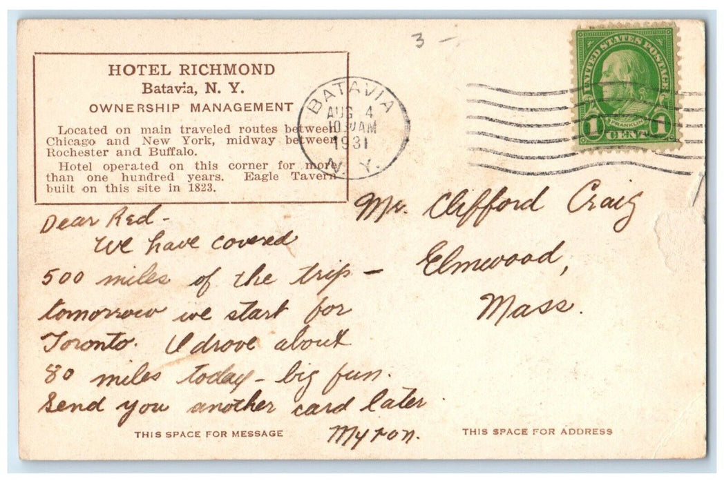 1931 Hotel Richmond Ownership Management Eagle Tavern Batavia New York Postcard