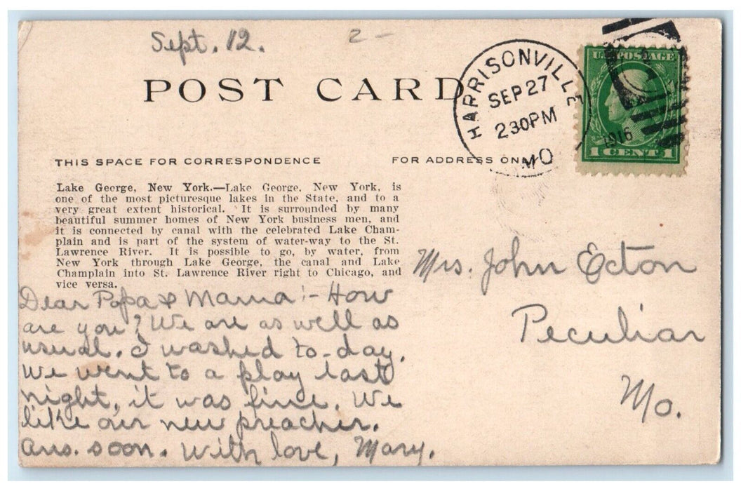 1912 Steamer Ship Scene Lake George New York NY, Harrisonville MO Postcard
