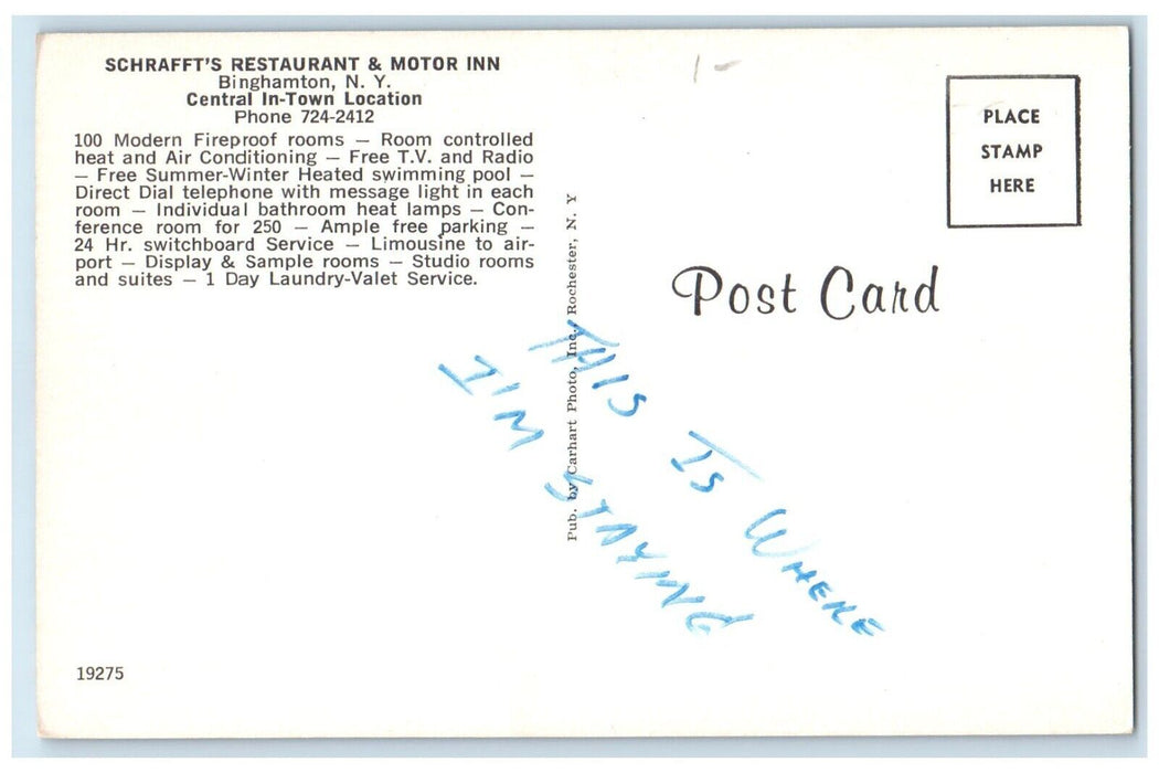 c1960 Schrafft's Restaurant Motor Inn Exterior Binghamton New York NY Postcard