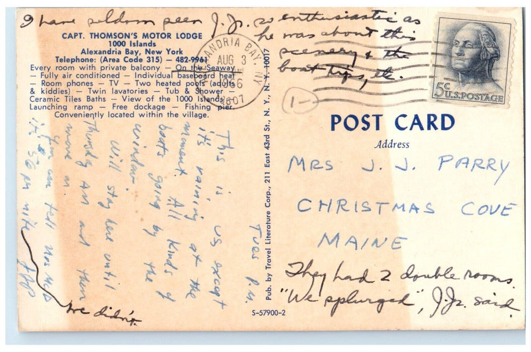 1966 Capt. Thomson's Motor Lodge Bedroom Bed Alexandria Bay New York NY Postcard