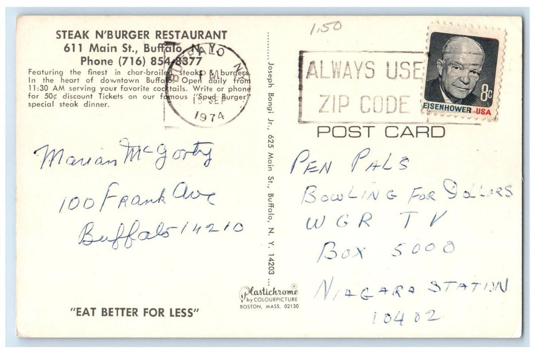 1974 Steak N'Burger Restaurant Main St. Interior Bar Buffalo New York Postcard