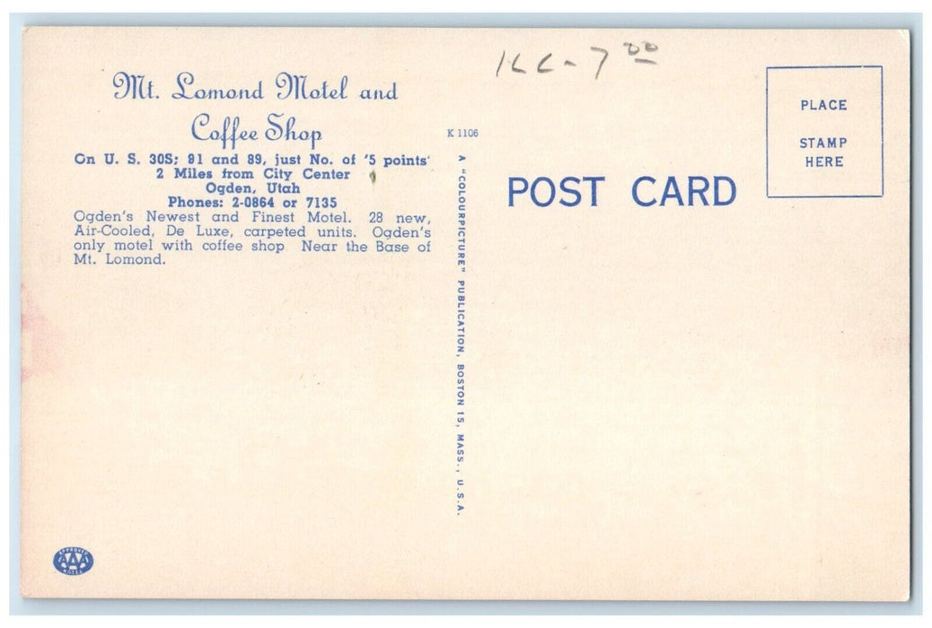 c1940 Mt. Lomond Motel Coffee Shop City Center Exterior Ogden Utah UT Postcard