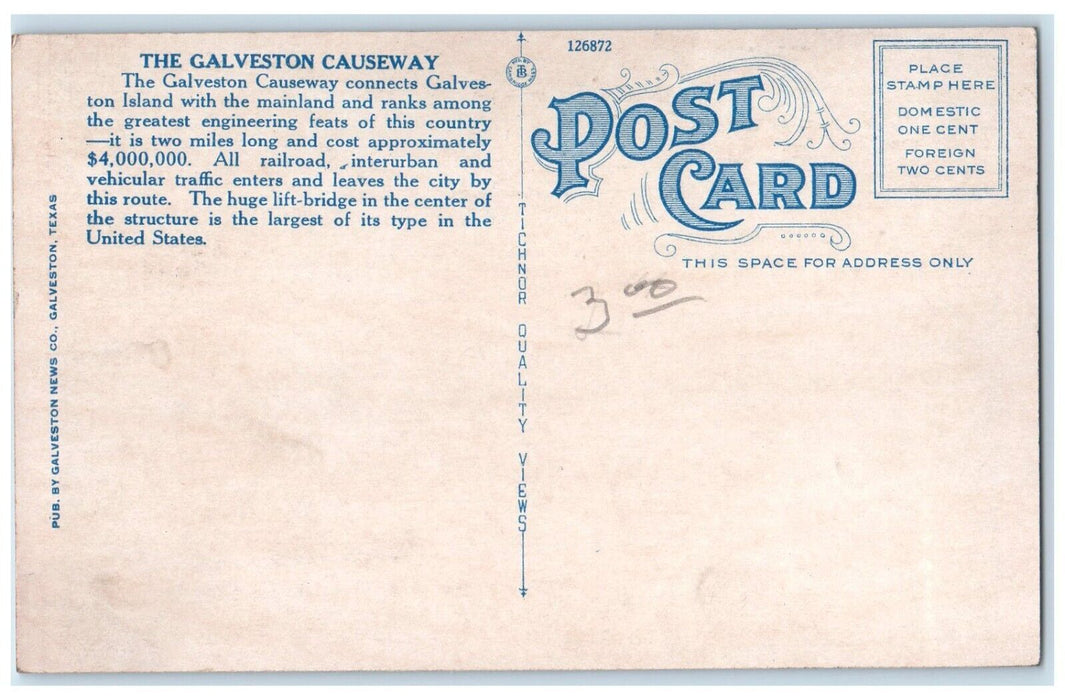 c1920 Galveston Causeway Locomotive Train Railroad Galveston Texas TX Postcard