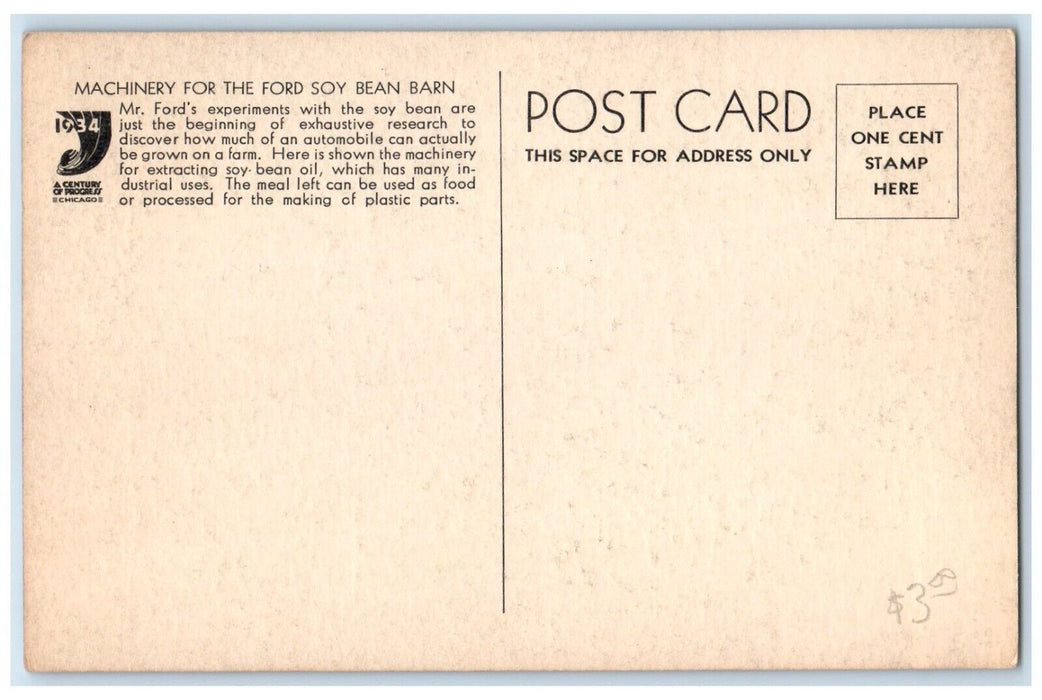 1934 Machinery Ford Soy Bean Barn Century Progress Chicago Illinois IL Postcard
