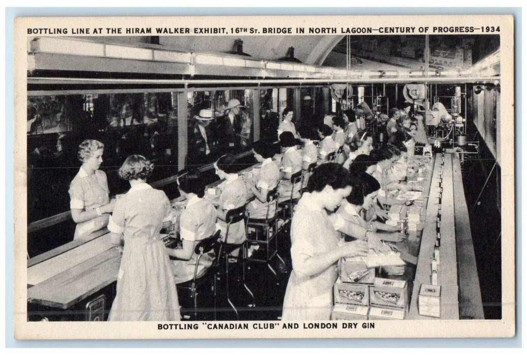 1934 Bottling Line Hiram Walker Exhibit Century Progress Illinois Linen Postcard