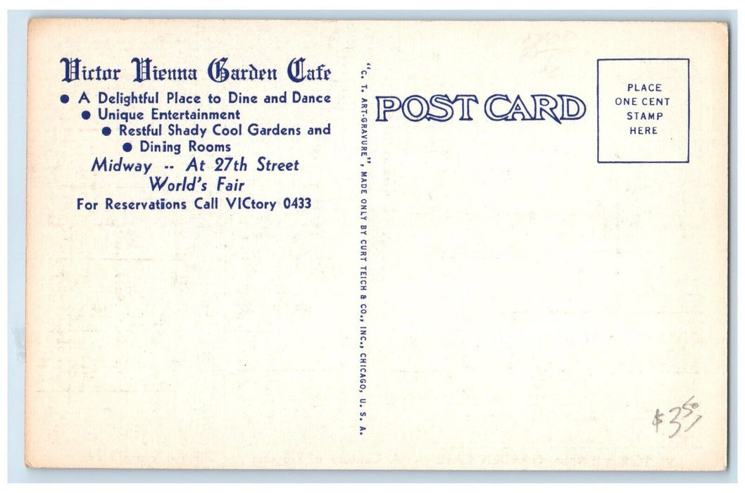 1940 Victor Vienna Garden Cafe Chicago Worlds Fair Illinois IL Unposted Postcard