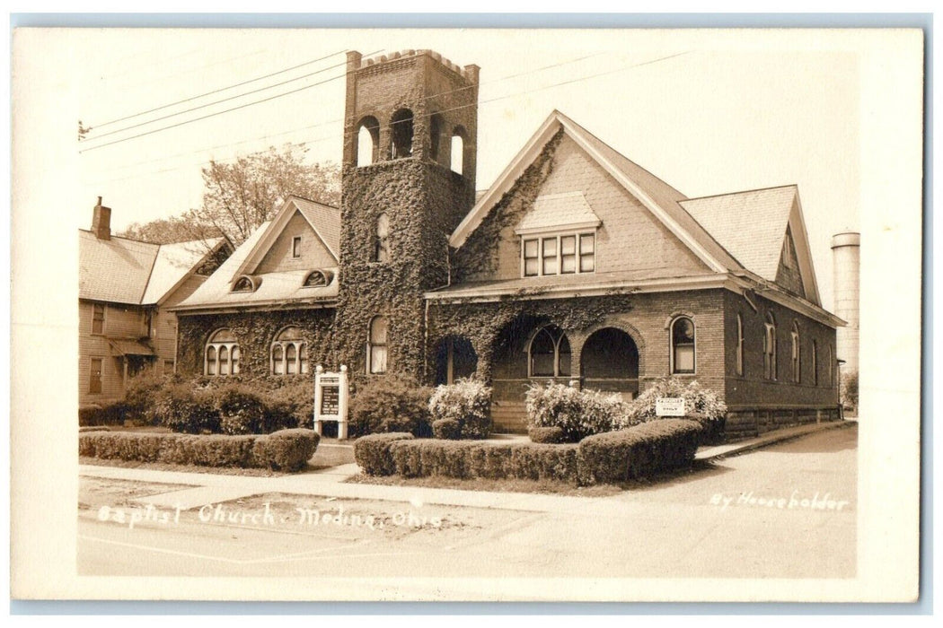 c1940's Baptist Church Scene Street Medina Ohio OH RPPC Photo Vintage Postcard