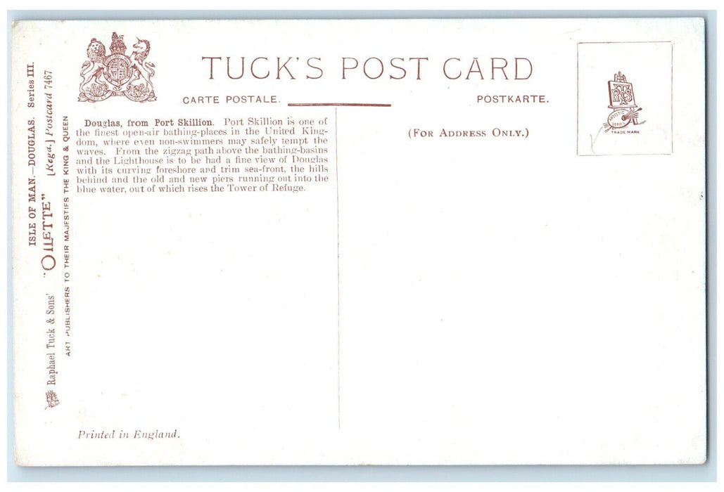 c1910 Douglas from Port Skillion Isle of Man Steamship Oilette Tuck Art Postcard