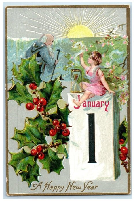 New Year January 1 Father Old Time Hourglass Holly Berries Embossed Postcard