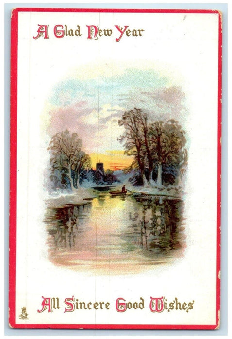 c1910's New Year Good Wishes River Boat Scene Winter Unposted Antique Postcard