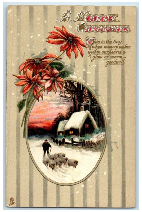 1913 Christmas Poinsettia Flowers Sheep Winter Scene Worcester MA Tucks Postcard