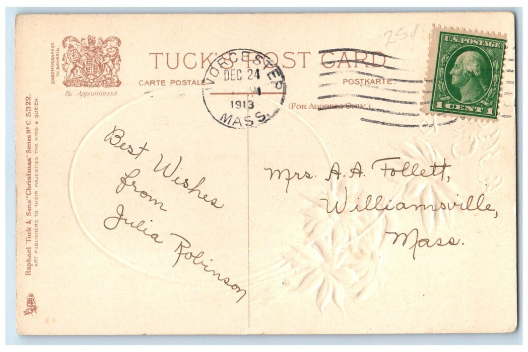 1913 Christmas Poinsettia Flowers Sheep Winter Scene Worcester MA Tucks Postcard
