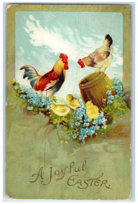1912 Easter Rooster Chicken Hen Chicks Barrel Flowers Winsch Back Postcard