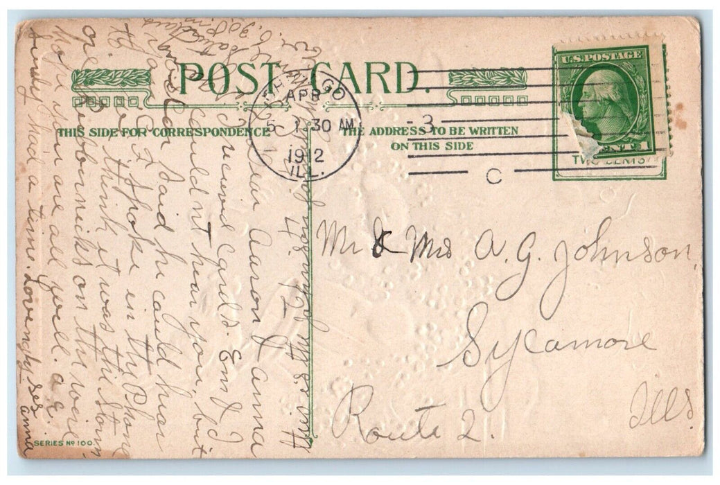 1912 Easter Rooster Chicken Hen Chicks Barrel Flowers Winsch Back Postcard