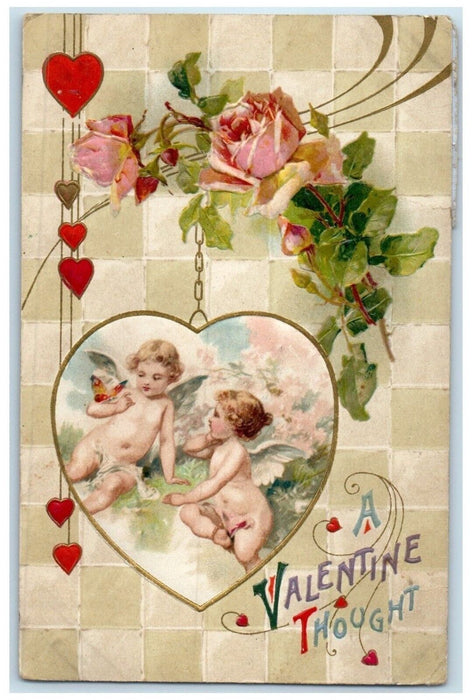 Valentine Hearts Angel Roses Flowers Winsch Back Embossed Antique Postcard