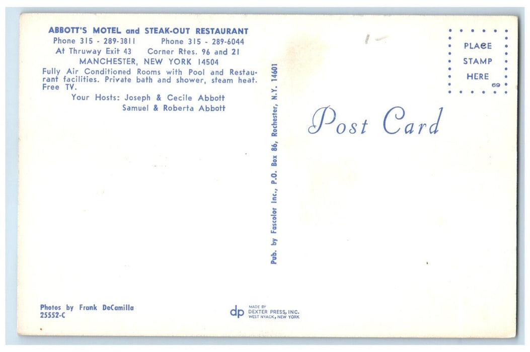 c1950's Abbott's Motel And Steak Out Restaurant Manchester New York NY Postcard