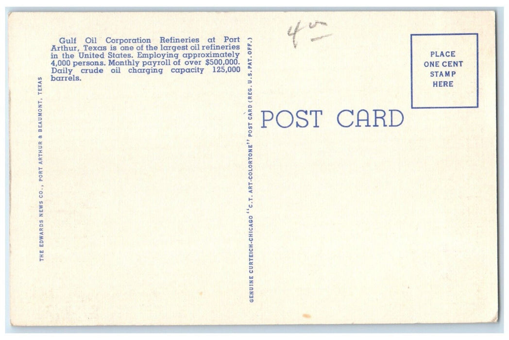 c1940 Aerial View Gulf Oil Corporation Refineries Port Arthur Texas TX Postcard