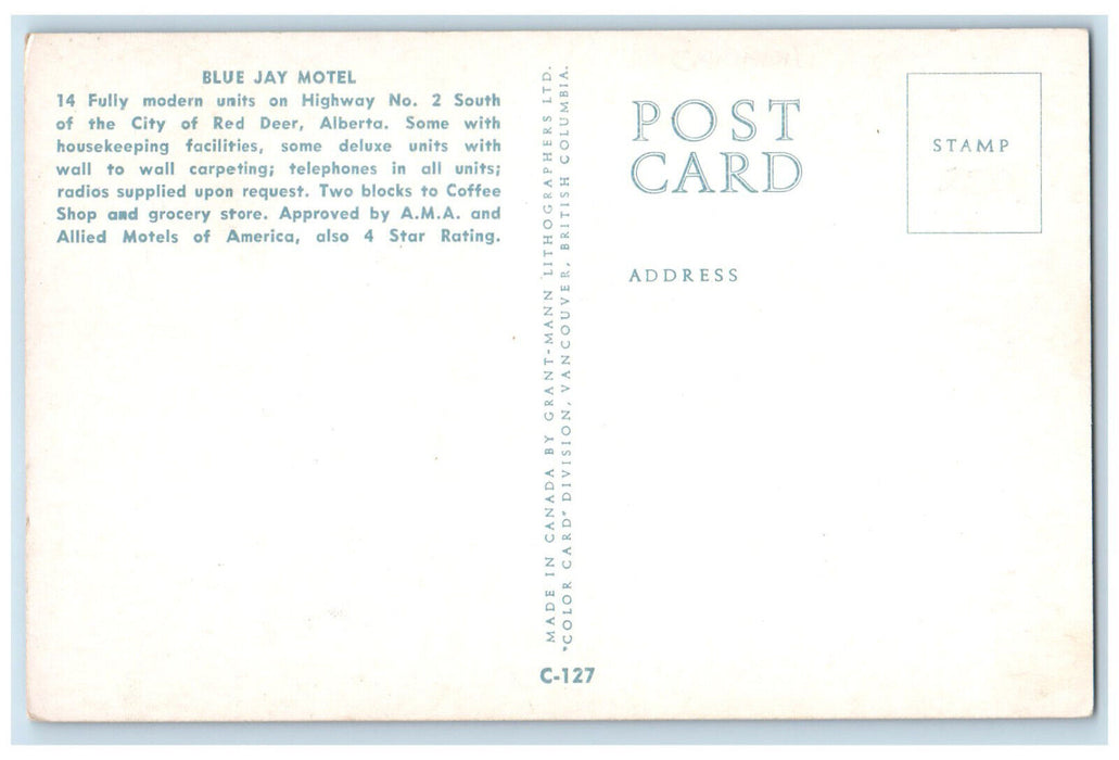 c1950's Blue Jay Motel Red Deer Alberta Canada Vintage Unposted Postcard