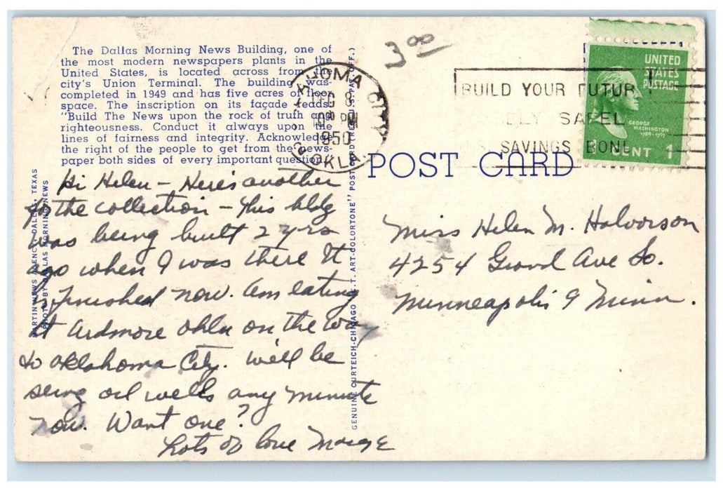 1950 Dallas Morning News Building Exterior Union Terminal Dallas Texas Postcard