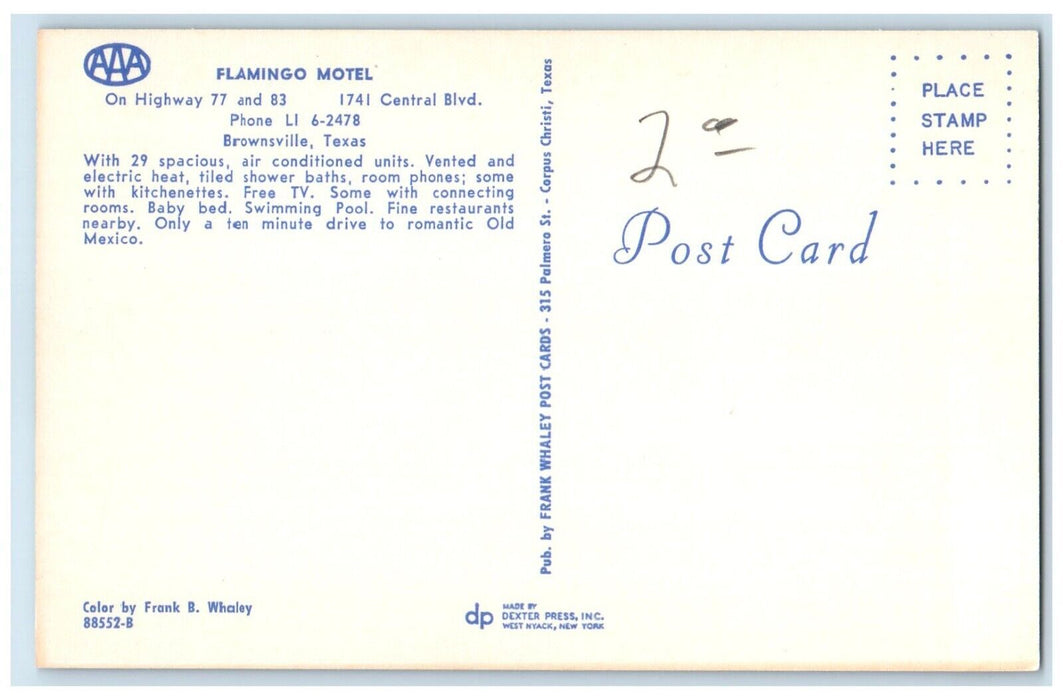 c1960 Flamingo Hotel Highway Central Blvd. Exterior Brownsville Texas Postcard