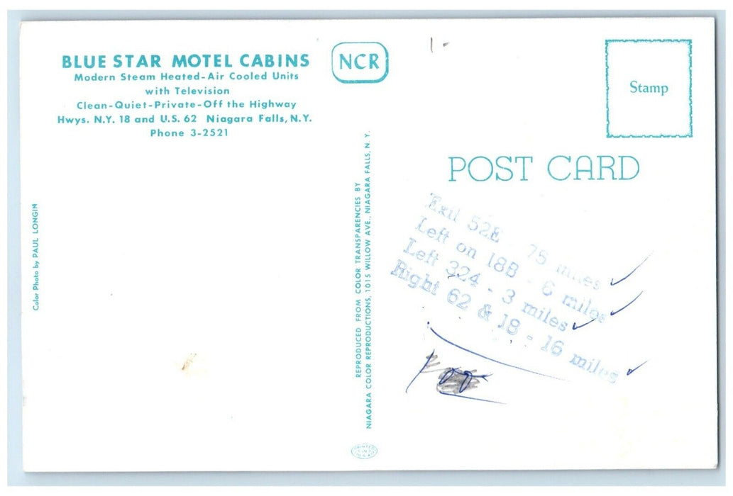 c1950's Blue Star Motel Cabins Niagara Falls New York NY Dual View Postcard