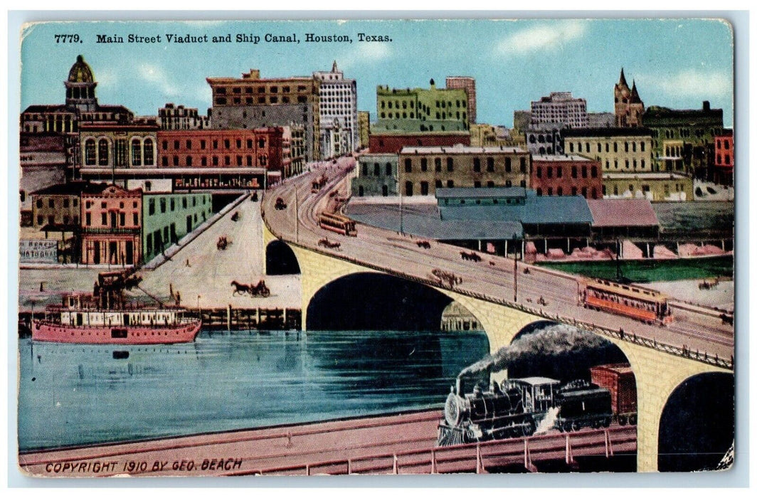 c1910 Main Street Viaduct Ship Canal Locomotive Train Houston Texas TX Postcard
