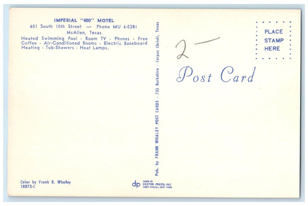 c1960 Imperial 400 Motel South Street Exterior Building McAllen Texas Postcard