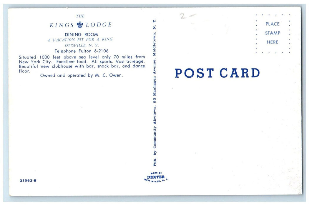c1950's The Kings Lodge Dining Room Interior Otisville New York NY Postcard