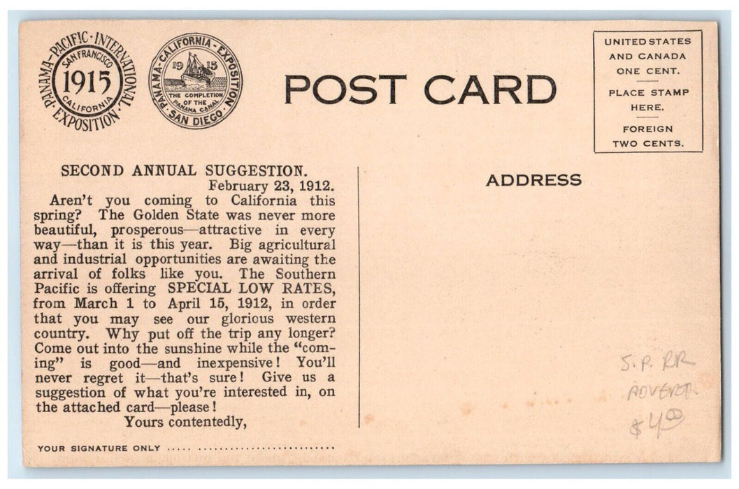 1915 Sky-Line Arcady Panama Pacific Exposition Los Angeles California Postcard