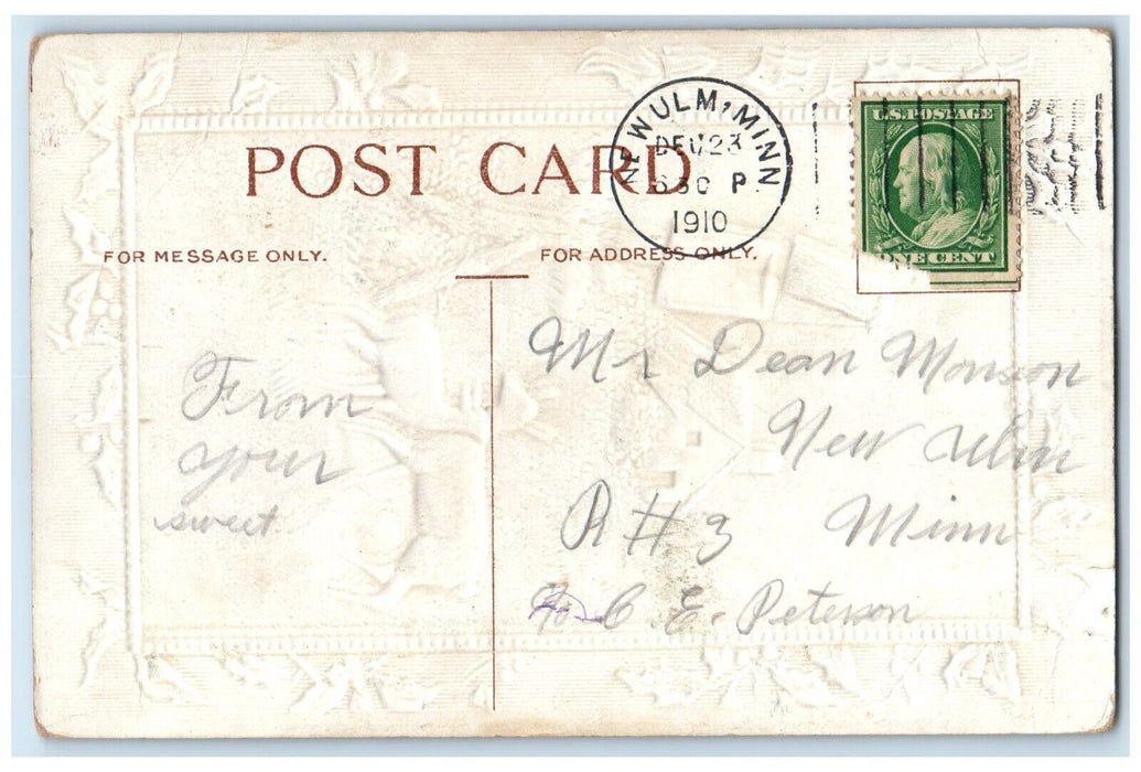 1910 Christmas Wishes December 25 Calendar Winter Embossed New Ulm MN Postcard