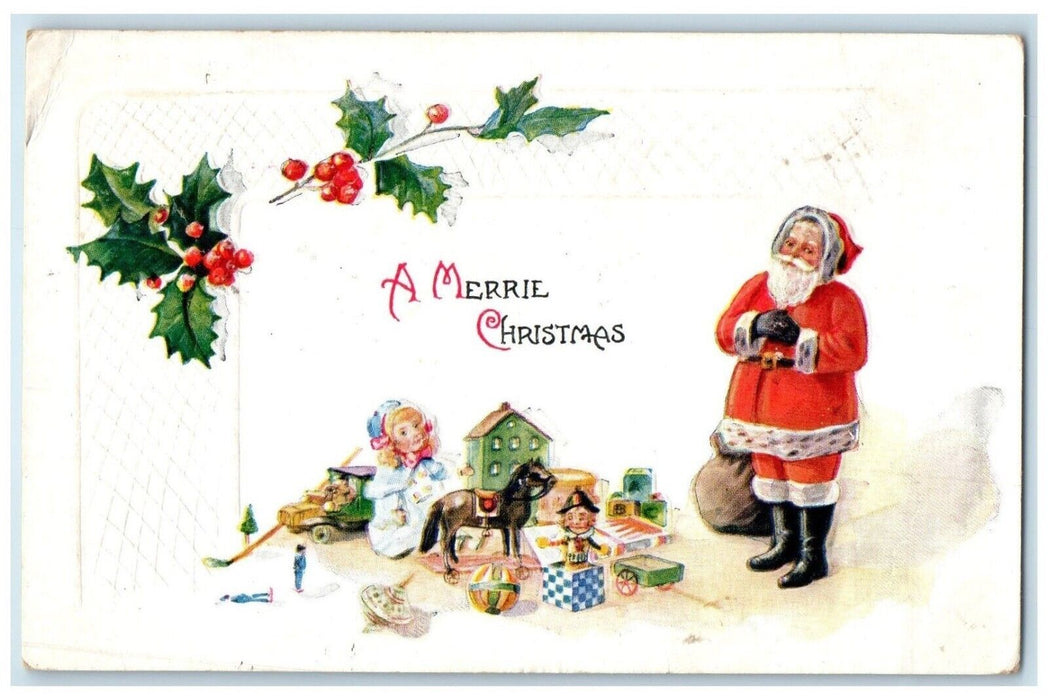 1923 Christmas Santa Claus Toys Holly Berries Embossed Westminster SC Postcard