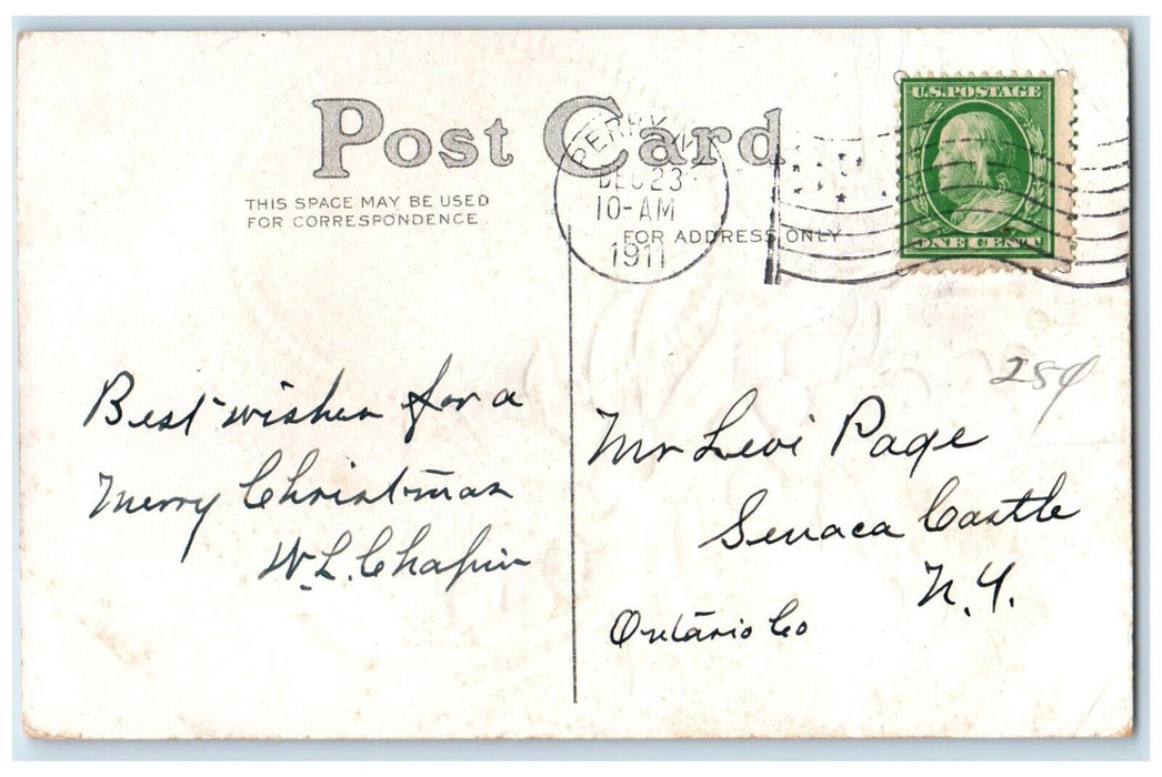 1911 Christmas Santa Claus Mistletoe And Holly Berries Perry New York Postcard