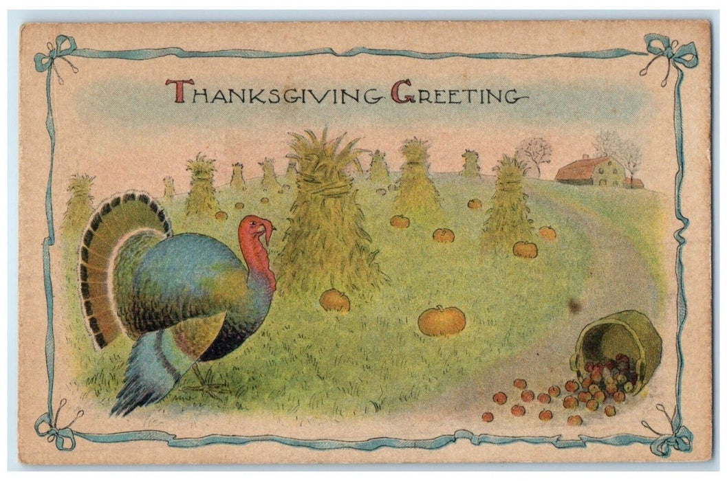 c1910's Thanksgiving Greetings Turkey Scene Farm Pumpkin House Antique Postcard