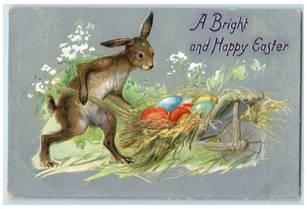 c1910's Easter Anthropomorphic Rabbit Pushing Cart Eggs Embossed Tuck's Postcard