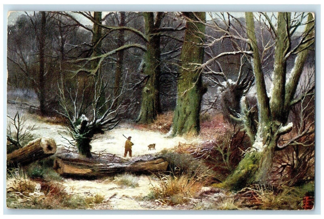 1905 Christmas Winter Scene Dog Hunting Oilette Tuck's Cleveland Ohio Postcard